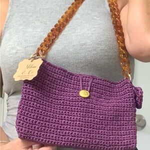 Handcrafted Purple Crochet Shoulder Bag with Brown Strap